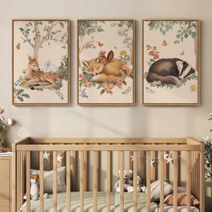 Framed Forest Animal Wall Art, 3 Piece Nature Whimsical Cottage Core Woodland Canvas Prints Pictures for Nursery Wall Decor, Neutral Deer Fox Artwork for Bedroom Kids Room Living Room Walls, 16x24 In, 16" W x 24" H x 3Pcs