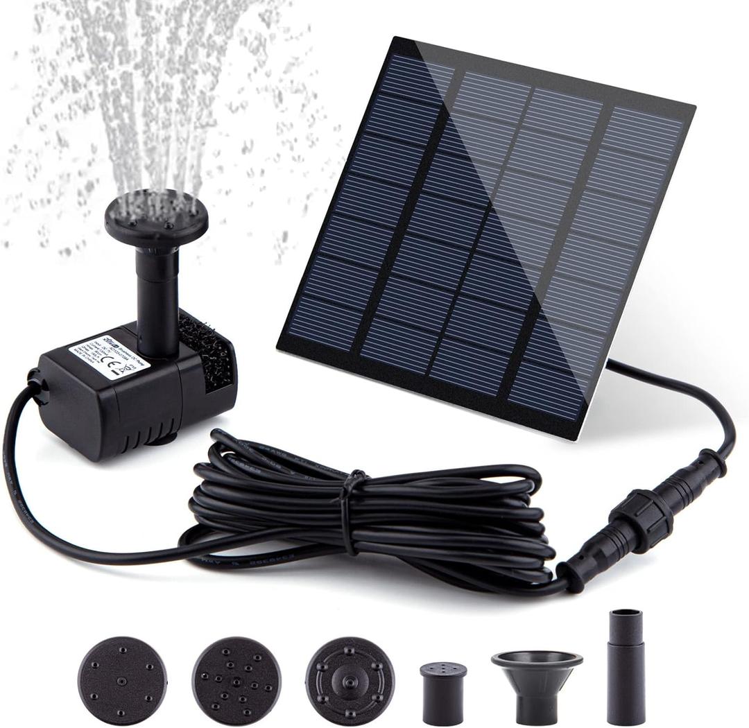 Solar Fountain Pump Kit with Separate Solar Panel, 1.8 W Upgraded Solar Water Pump with 3 M Long Cable & 4 Nozzles Solar Water Fountain for Bird Bath, Outdoor Pond, Patio Garden No Power Storage