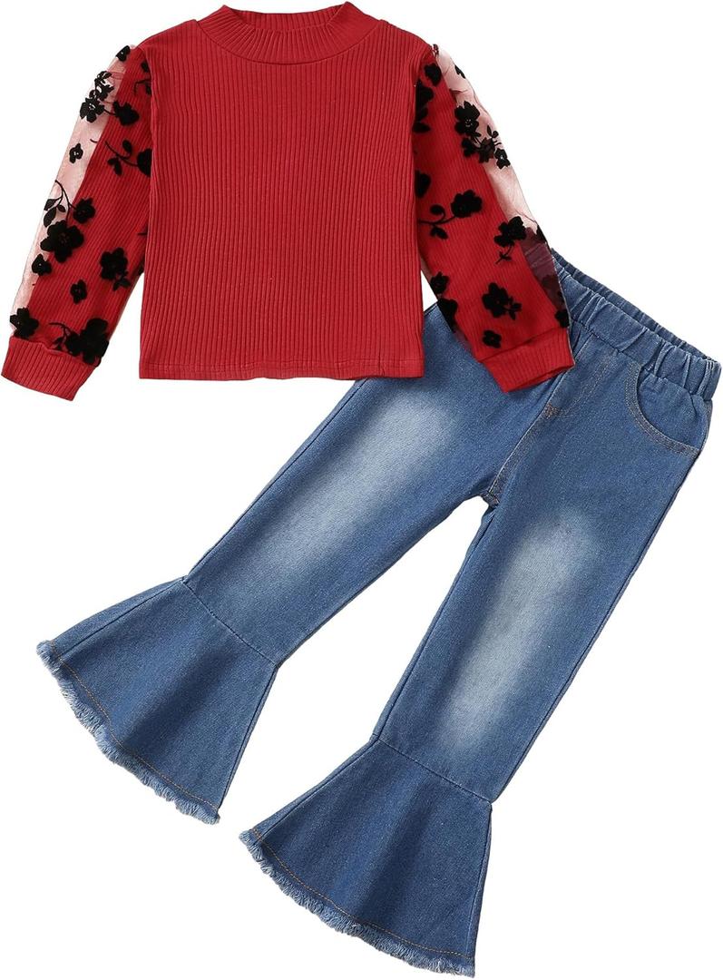Kucnuzki Toddler Girl Clothes Cute Kids Clothes Long Sleeve Shirts Top Bell Bottom Denim Jeans Pants 2 Piece Matching Outfits (4-5T, Red)