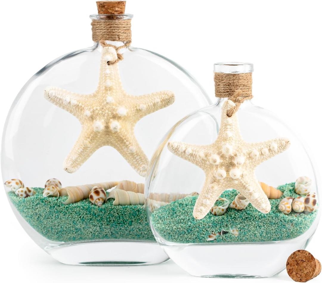 QEQEKAKA 2PCS Glass Bottles with Cork & Green Sand Rocks and Natural Sea Shells Starfish Beach Glass Bottles, for Coastal & Beach Room Decor, Home Tabletop & Summer Decorations, Bridal Shower Gifts