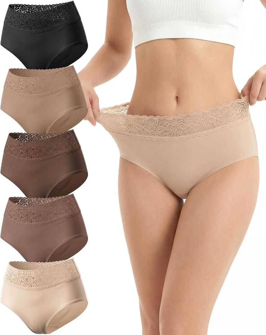 Cevapro Seamless Underwear for Women, Soft Breathable Lace Briefs, Invisible Laser Cut Panties for Women Daily Wear 5 Pack (US, Alpha, Medium, Regular, Regular, Multicolor 5)
