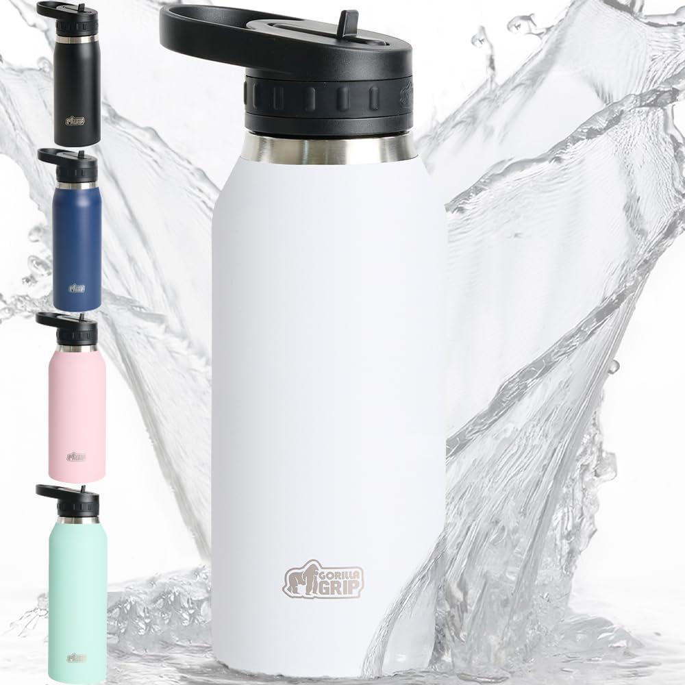 GORILLA GRIP Insulated Stainless Steel Water Bottle with Straw, 32 oz, Leak Proof BPA-Free Reusable Travel Bottles for Sports, School, Keep Drinks Cold, Dent Resistant Tumbler, Dishwasher Safe, White