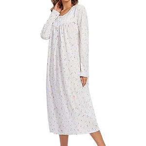  Long Cotton Nightgown Women's Long Sleeve Sleepwear Pleated Floral House Dress Soft Comfy Night Dress for Ladies, Size L