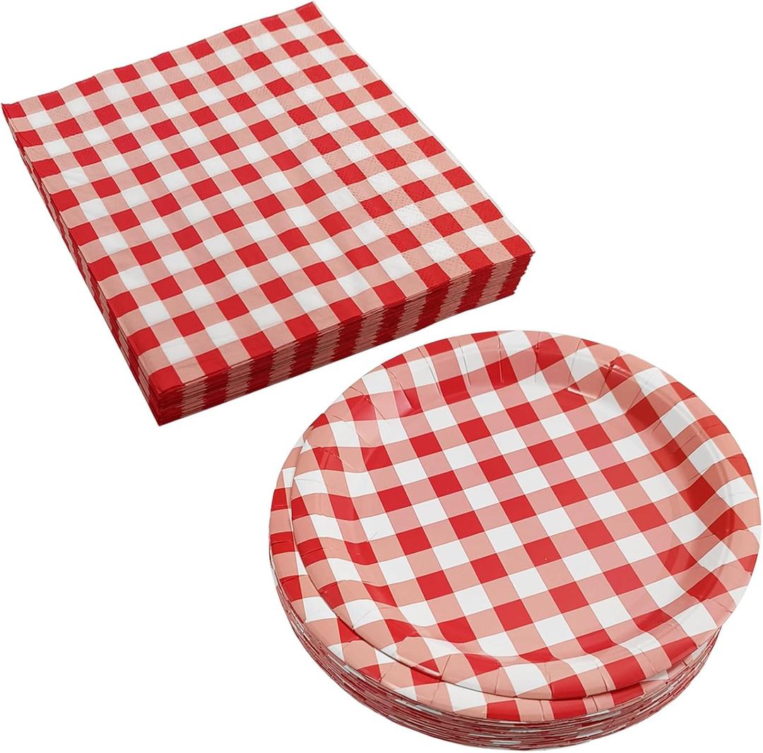 Red Ginham Plates and Napkins Paper Ginham Tableware Christmas Food Containers Serve 20 Red and White Plaid Plates for Birthday Party Baby Shower