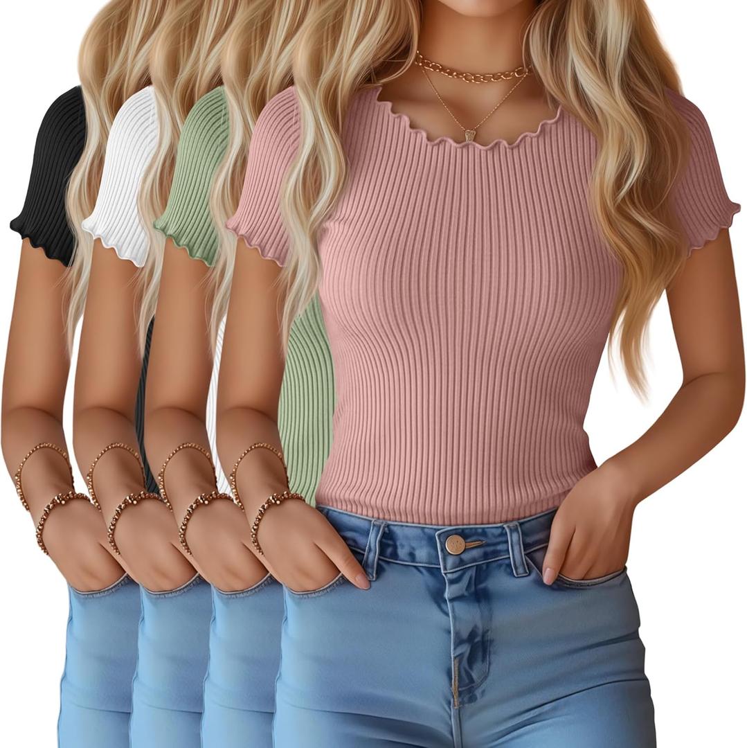 4 Pack Women's Short Sleeve Cotton Shirts Ribbed Lettuce Trim Tops Slim Fit Crew Neck Casual Summer Basic Tees (Dusty Pink, Gray Green, White, Black) Small