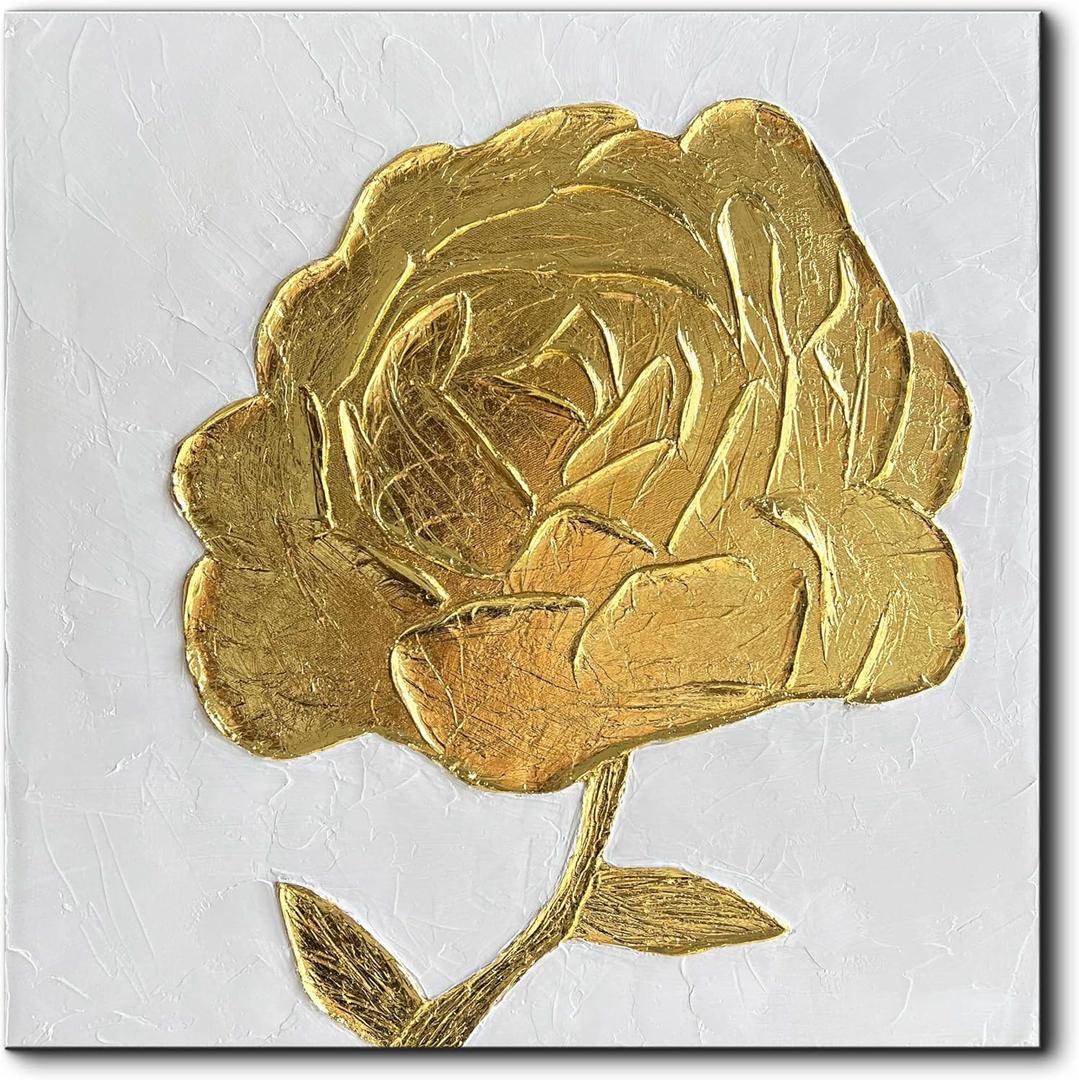 Creespi Hand Painted 3D Gold Floral Wall Art 24x24 inches,Contemporary Abstract Textured Flower Oil Painting On Canvas for Home Decor