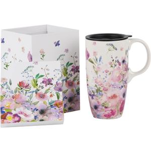 Topadorn Ceramic Coffee Mug for Home & Office, 17oz. Porcelain Latte Travel Cup with Lid and Color Box, Pink Flower Art Tea Mug with Handle, 6.5" H