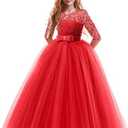 Girls Flower Vintage Floral Lace 3/4 Sleeves Floor Length Dress Wedding Party Evening Formal Pegeant Dance Gown, Size 140