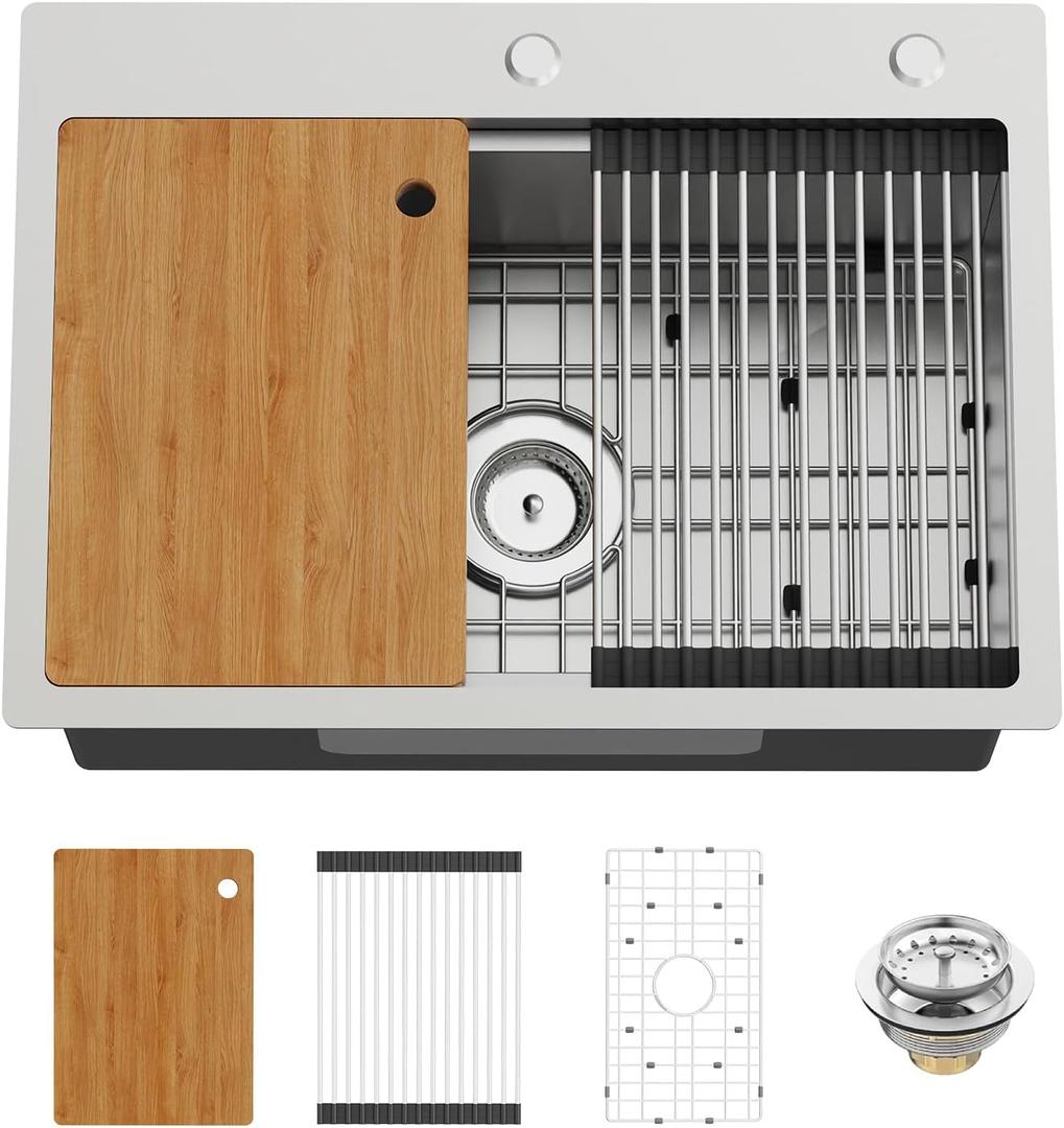 Kitchen Sink Workstation, 25x18 In Stainless Steel Drop In Modern Single Bowl Topmount Workstation Sink Combo-SS Grid,Drying Rack,Cutting Board And Drain Assembly For Various Kitchen&Bar