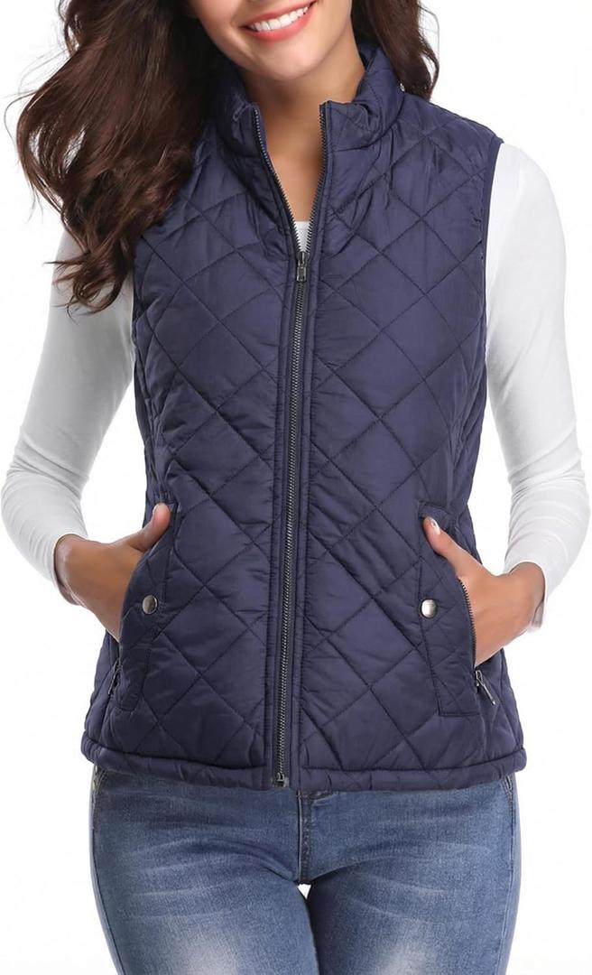 Fuinloth Women's Lightweight Warm Puffer Quilted Vest - 4-Pockets Stand Collar Zip Gilet, Fall Winter Outerwear M