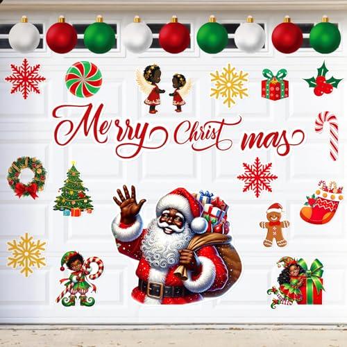Copkim 28 Pcs African American Christmas Garage Door Decorations Magnets Merry Xmas Tree Black Santa Snowflakes Ball Winter Christmas Holiday Refrigerator Fridge Home Kitchen Party Decor(Classic)