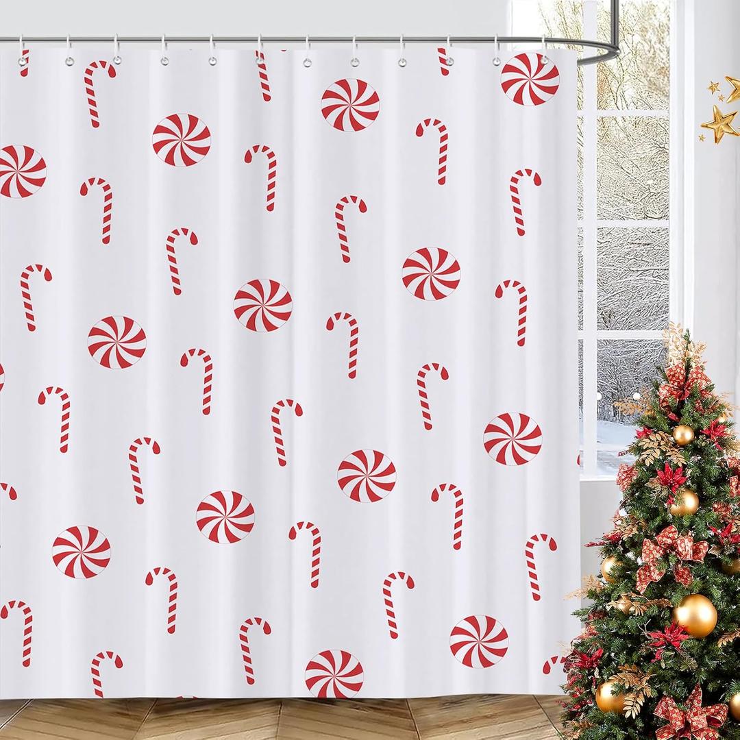 GOOESING Christmas Shower Curtain Candy Cane Christmas Holiday Bathroom Shower Curtains for Bathtub Decoration with Hooks 72x72 Inch