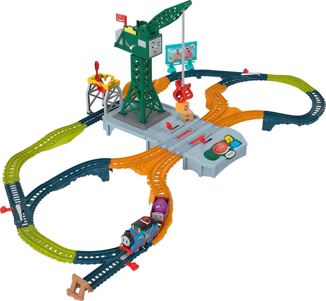 Thomas & Friends Motorized Train Set, Talking Cranky Delivery Set, Talking Crane & Battery Powered Toy Train with Songs & Sounds, Medium