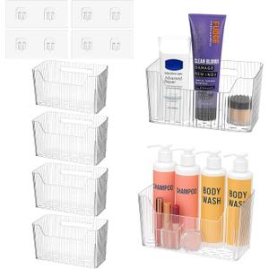 Wanmu 4 Pcs Storage Organizer Bins, Wall Mounted Shower Basket, Shower Caddy Stackable, Clear Plastic Makeup Organizer, Adhesive Hanging Bin for Bathroom, Kitchen, Pantry