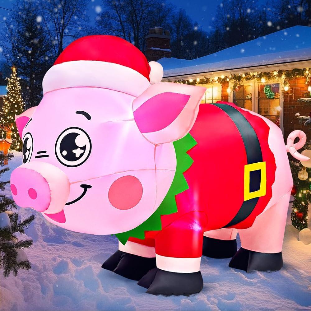 KOOY 5FT Christmas Inflatables Outdoor Decorations, Pig Blow up Yard Decorations with LED Light Up for Xmas,Outdoor Christmas Animal Decorations for Yard Holiday Party Garden Lawn Dcor