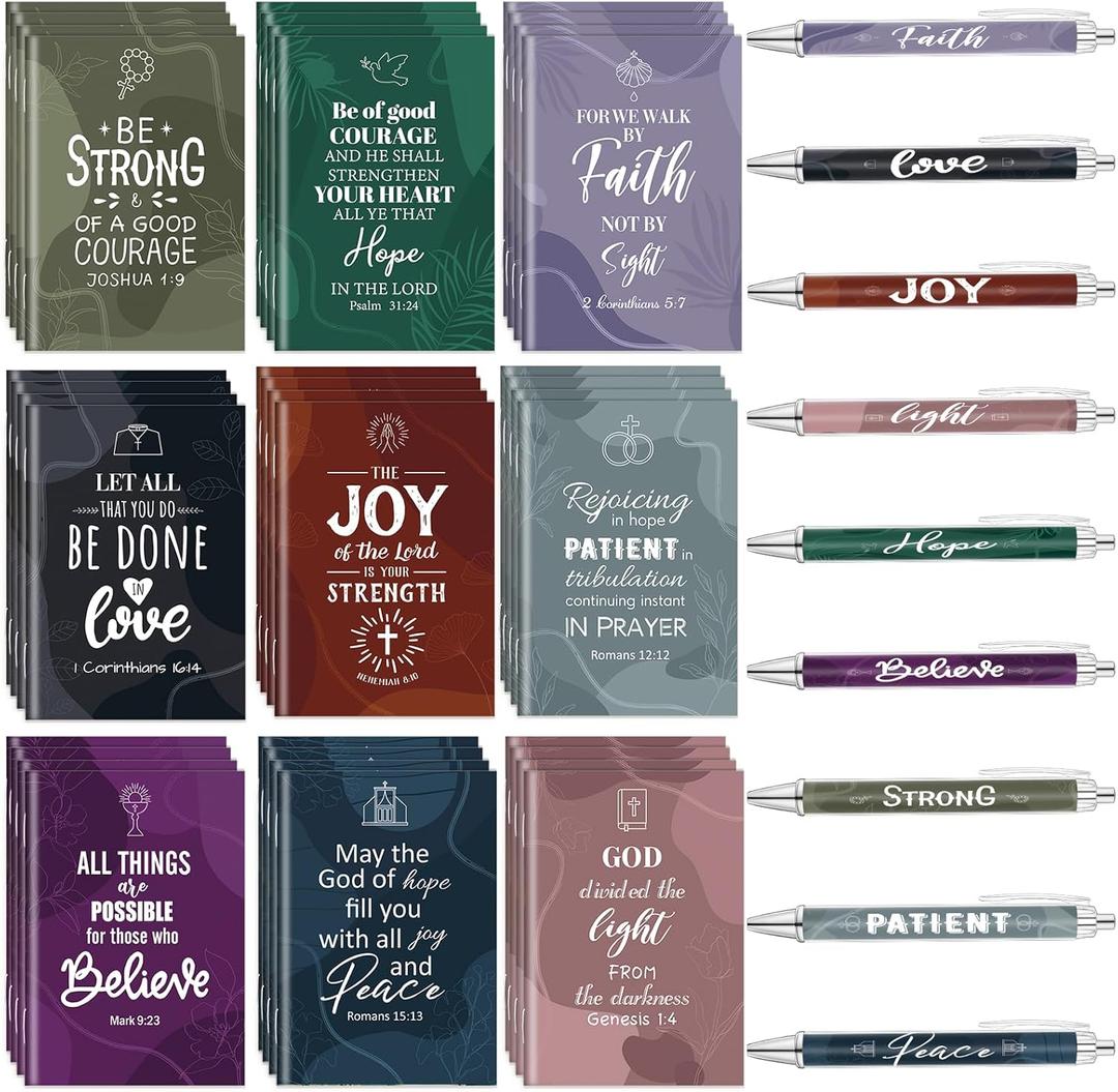 Gueevin 72 Pcs VBS Christian Gifts Bulk Mini Bibles Pocket Notepads Bible Verse Pens Set Religious Prayer Scripture Notebook Joy Ballpoint Pens for Church Students Sunday School Teacher Appreciation