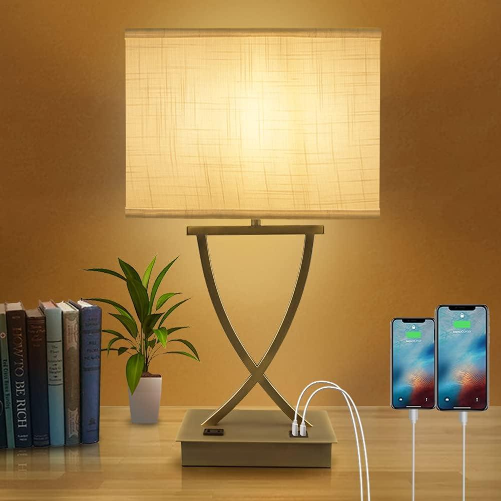 3-Way Dimmable Touch Control Medium Table Lamp with Type C/USB Charging Port and 1 AC Outlet White Shade 21.38" Bedside Nightstand Lamp for Bedroom Living Room Office and Hotel Bulb Included