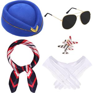 baotongle 6pcs Halloween Women Flight Attendant Costume Accessories Stewardess Outfits Hat Scarf Sunglasses Gloves (Blue)