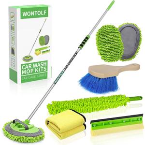 Wontolf 62'' Car Wash Brush with Long Handle Chenille Microfiber Car Wash Mop Mitt Kit Car Detailing Brush Cleaning Kit Window Squeegee Car Duster Drying Towels Tire Brush for Cars RV Truck Boat (Green)