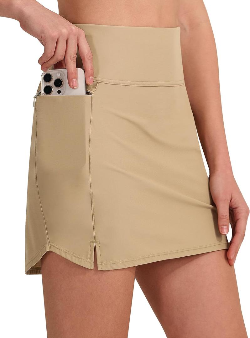KPSUN Women's Swim Skirt with Pockets Tummy Control Bathing Suit Bottoms High Waisted Stretchy Athletic Swimsuit Skirts 2025 (Khaki)
