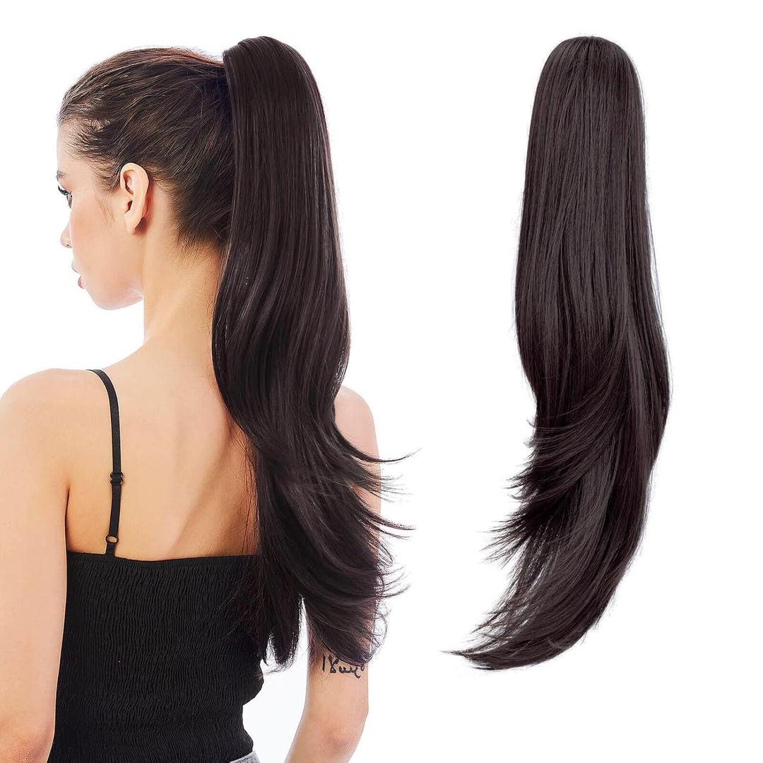 HEWEICSY Ponytail Extension,Brown Hair Extension Ponytail 22" Long Claw Hair Extension Synthetic Wavy Straight Hairpieces Ponytail Clip in Ponytail Wig Daily Fluffy Pony Tail for Women,4.8 OZ