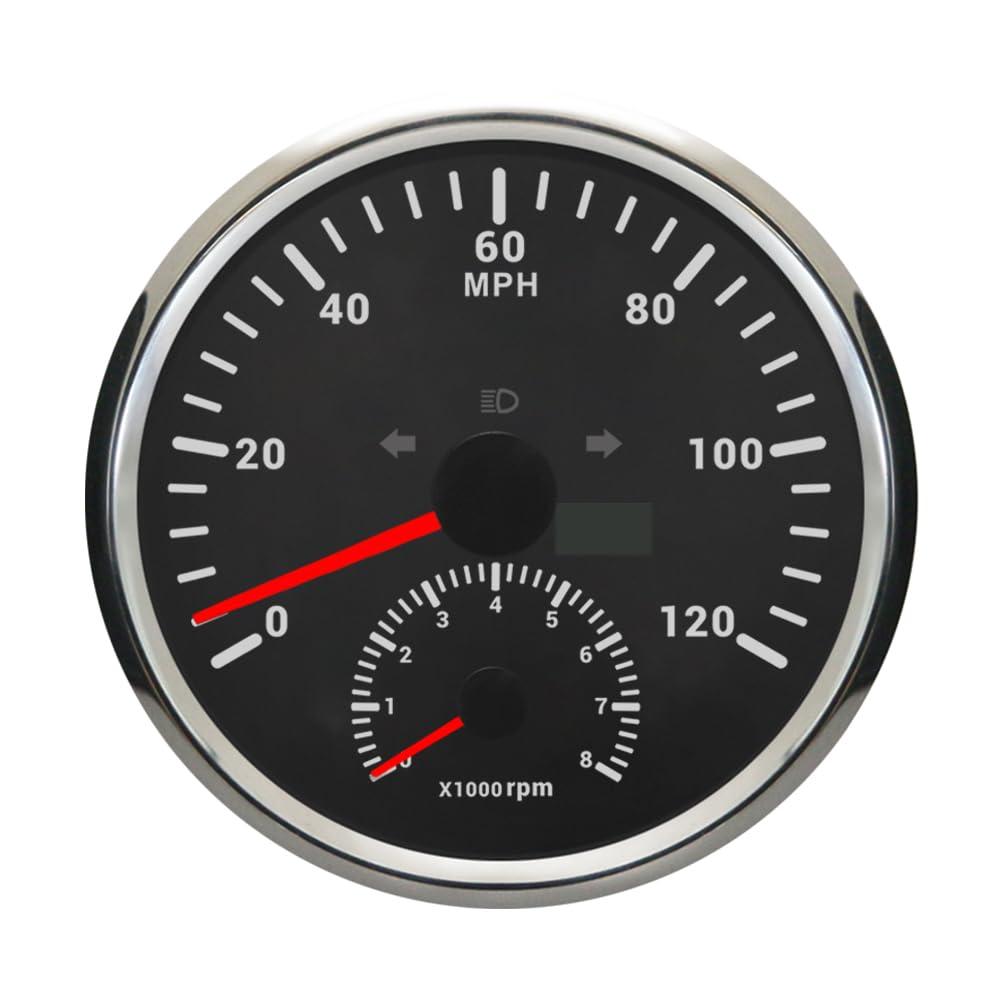 110mm Auto Gauge 2in1 GPS Speedometer 120MPH with Tachometer 8000 RPM Odometer Gauge with Red Backlight for Universal Boat Car Truck Motorcycles 9-32VDC Waterproof Type (Black&Silver, 120MPH) (BS)