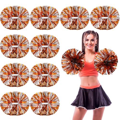 WILLBOND 12pcs Cheerleading Pom Poms Bulk Metallic Foil Cheerleader Pompoms with Baton Handle for Football Basketball Cheering Squad Team Game Sports Dance Party Outfit (Orange and Silver)