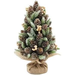 Rustic Mini Christmas Tree with Pine Cones, Silver Berries and Burlap Base, Decorative Tabletop Christmas Tree Christmas Table Centerpieces Xmas Decoration (Gold)