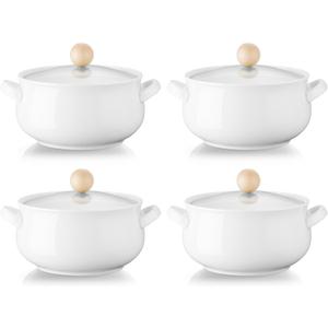 ALELION Small French Onion Soup Bowls, 16 OZ Soup Crocks with Double Handles and Glass Lids, Oven Safe Soup Bowls for Stew Chili Cheese Pot Pie Casseroles, Set of 4, White
