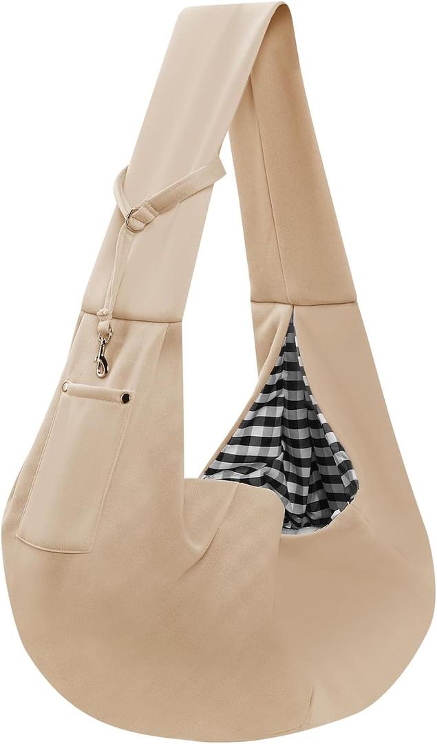 Dog Carrier Sling - Reversible Puppy Carrier Purse with Storage Pocket, Hand-Free Dog Sling Carrier for Carry Small Dogs and Cats, Travel Safety Harness, Dog and Cat Harness (Apricot)