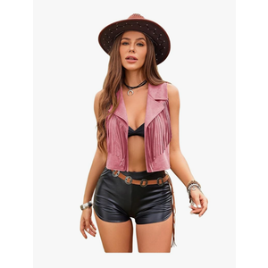 Women's Tassel Vest 70s Hippie Faux Jacket Open Front Fringe Sleeveless Crop Vest Cowgirl Outfit Size XS