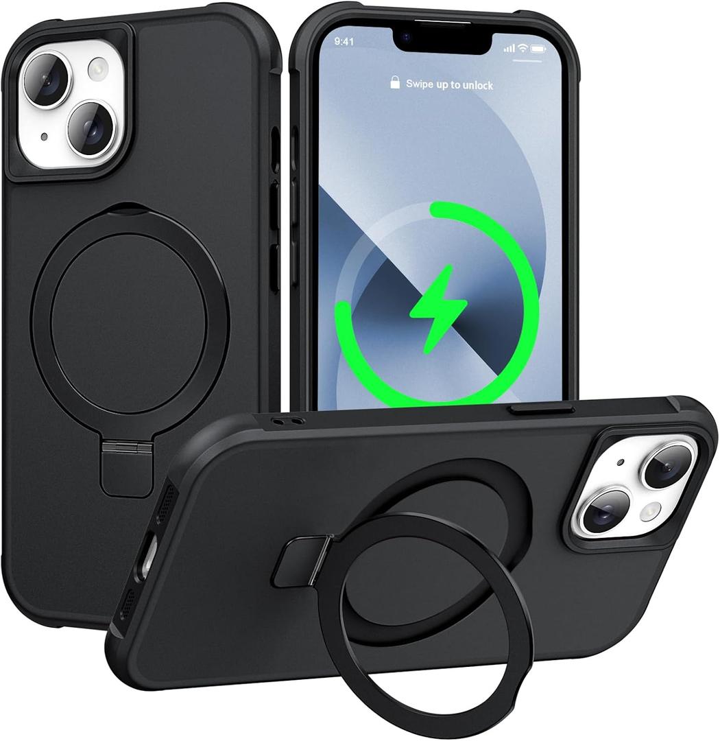 Magnetic Compatible for iPhone 13 & iPhone 14 Case with Stand [Military Grade Drop Tested][Compatible with Magnet] Ring Sleek Slim Hard Back Soft Edge, Black