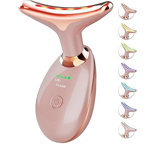 SDKWDH Red Light Therapy for Face and Neck, 7 Color Face Massager Tool for Wrinkles, Double Chin, Vibrating Facial Massager with Thermals for Skin Care, Rose Gold