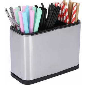 4-Section Stainless Steel Straw Holder, Stackable Straw Dispenser for Counter with Drain Holes, Organizer for Drinking Straws, Coffee Stirrers, Utensils, Silver