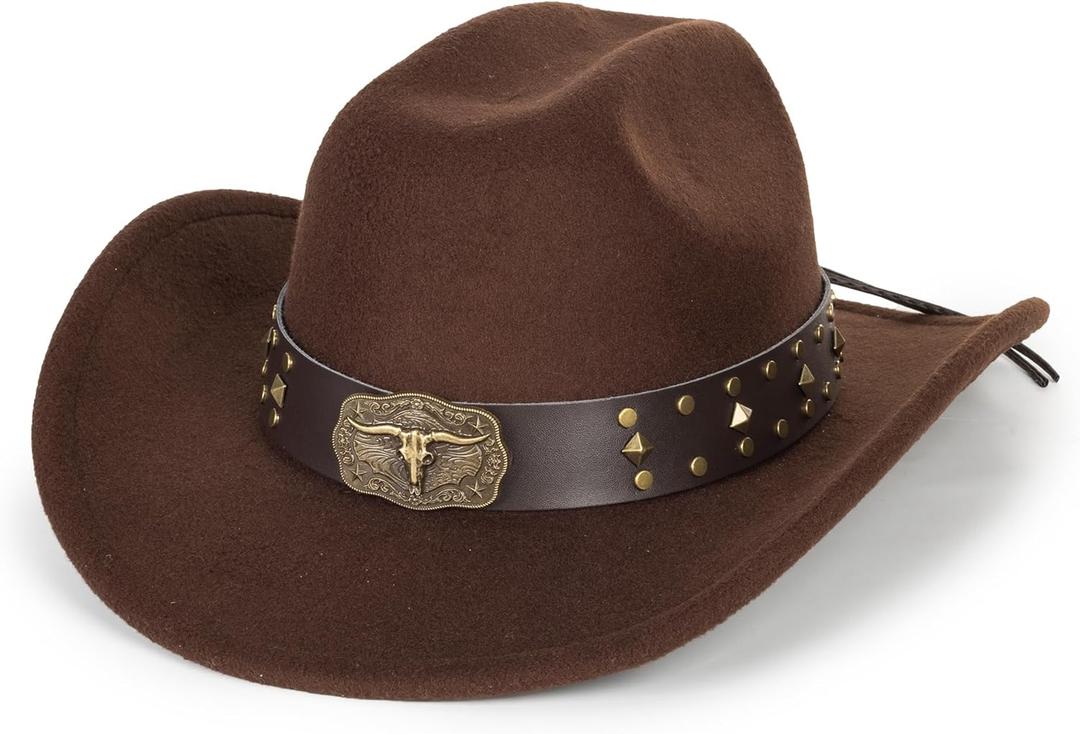 Western Cowboy Hat for Men Women Classic Roll Up Fedora Hat with Buckle Belt(Size:S-M) (Brown, M)