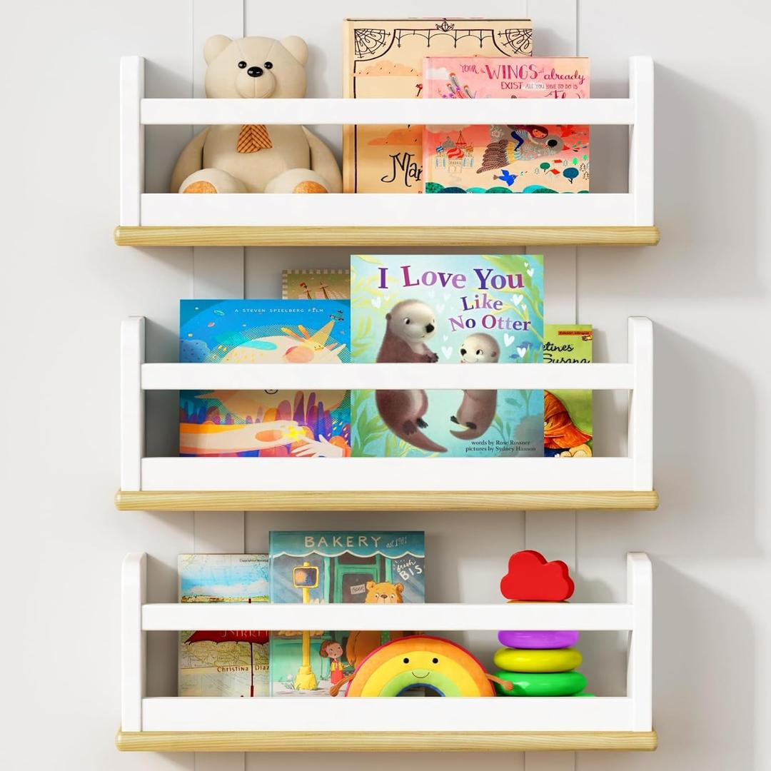 Upgraded Floating Nursery Book Shelves for Wall, White and Natural Kids Bookshelf Wall Mounted, Wood Baby Toddler Children Hanging Bookshelves for Kids Room Bedroom - Set of 3 (16.5 Inch Long)