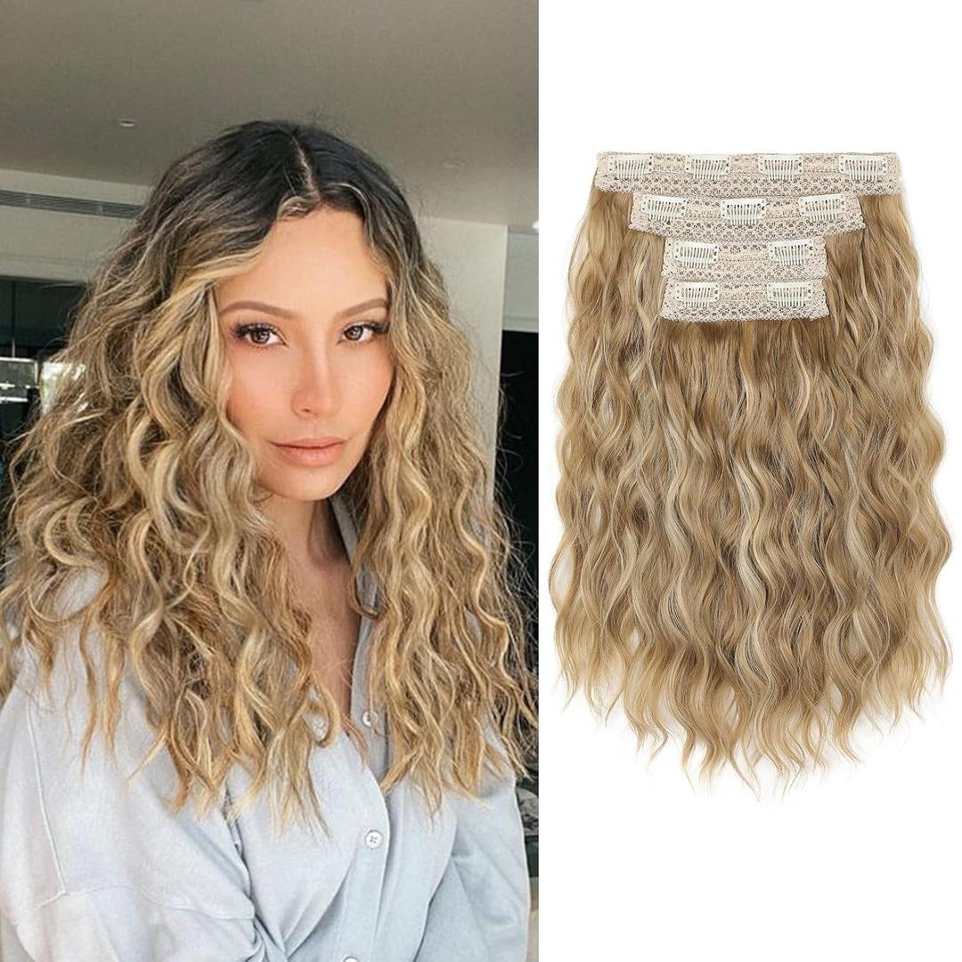 REECHO Clip in Hair Extensions, 4PCS Hair Extensions 14" Short Wavy Invisible Lace Weft Natural Soft Hairpieces for Women  Golden Blonde with Highlights