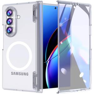 for Samsung Galaxy Z Fold 7 Case with Hinge Protection & Tempered Glass Screen Protector, Magnetic Shockproof Full Body Phone Case (Clear)