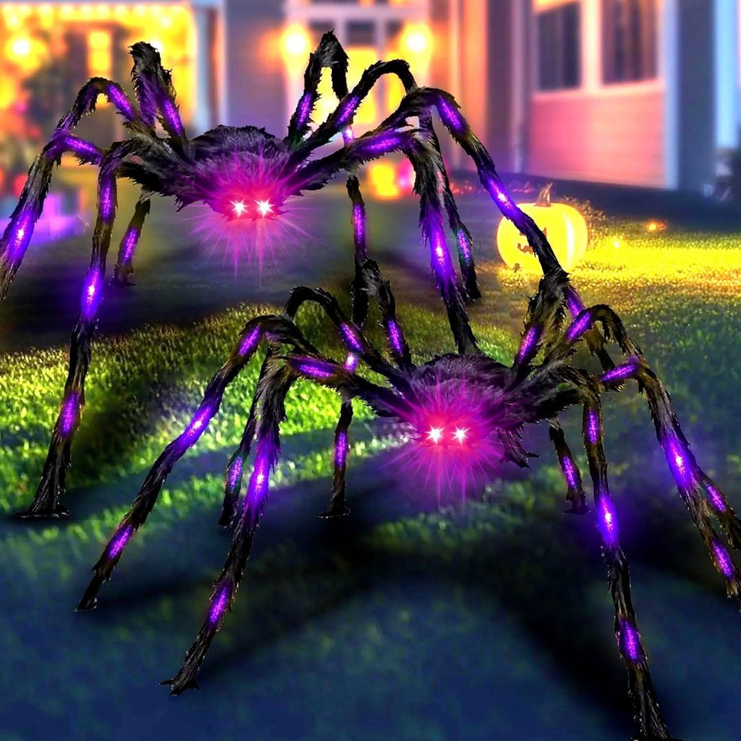 2 Pack 4.2FT/125CM Halloween Giant Spider,Light up Spider with 24 Purple Lights,Light up Halloween Decorations Outside,for Yard Haunted House Window Party Porch Indoor Outside Decor