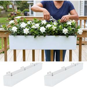 LaLaGreen Planter Boxes Outdoor (36 Inch, 2 Pack) White Metal Rectangular Deck Railings Flower Box with Brackets, Large Planters Plant Holder for Fence Balcony Rail Patio Porch Modern Garden Decor