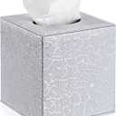 Sumnacon Square Leather Tissue Box Cover - Stylish Cube Tissue Box Holder with Magnetic Bottom, Decorative PU Tissue Box for Vanity Dresser Night Stand Table Countertop Home Office Car, Silver