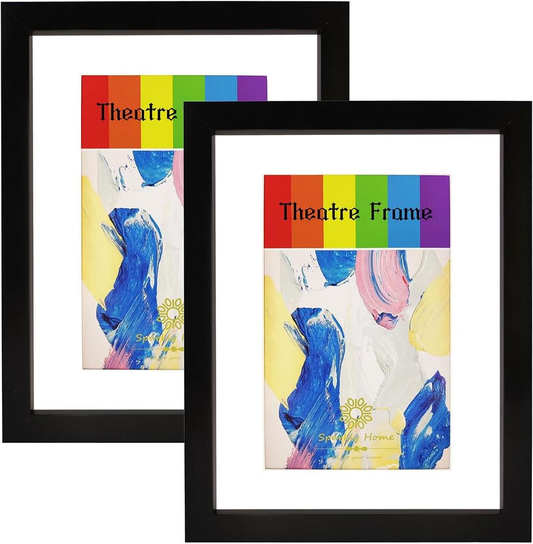 2 Packs, 8.5x11 Black Theatre Frame with Double White Mats, Real Glass, Theatre Bill Frame, Holds 5.5x8.5-inch Media, 7/8 inch deep moulding, Wall or Tabletop Display