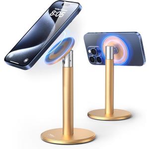 Nulaxy Magnetic Fully Aluminum Phone Stand, 360 Rotating Cell Phone Stand for Desk with Metal Ring, Adjustable Phone Holder Compatible with Phone 17 16 15 14 Pro Max and MagSafe Case, Gold