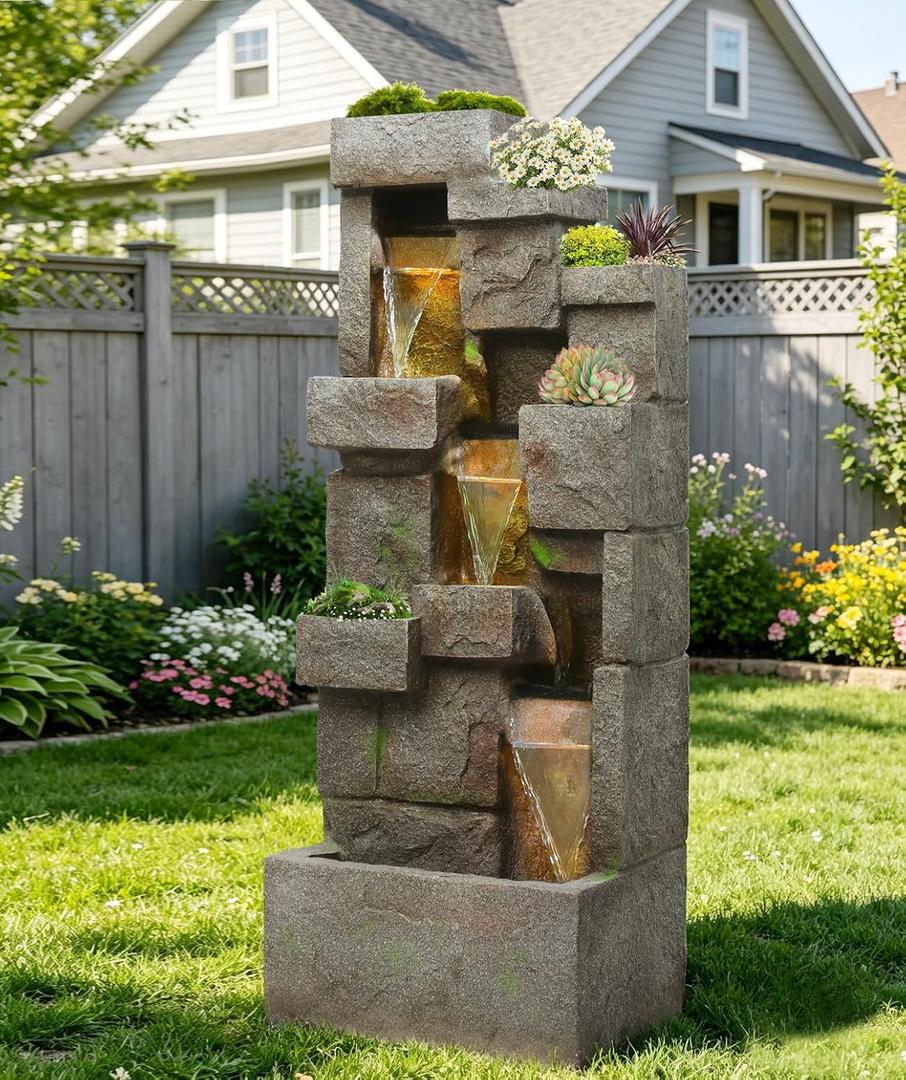 48.6" Outdoor Fountain Modern Water Fountains with LED Lights and Pump Outdoor Rock Waterfall Fountain Decor for Garden, Porch, Patio
