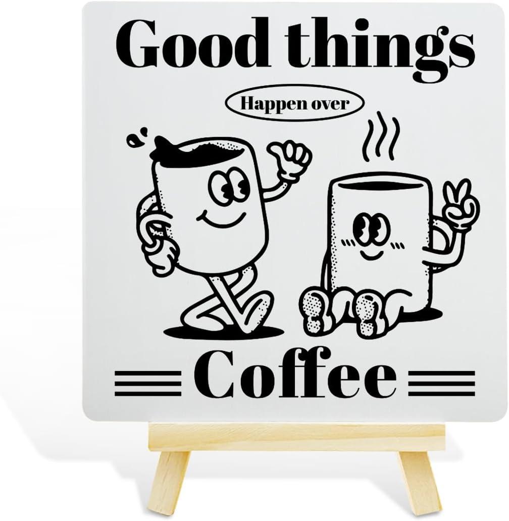 4 x Coffee Table Decor, Bar Decoration Cafe Station Kitchen Home Decor Wooden Sign, Coffee Lover Gifts for Women Men, Good Things
