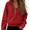 ATHMILE Womens Sweatshirts Half Zip Cropped Pullover Fleece Quarter Zipper Hoodies Fall Winter Fashion Outfits Red XL