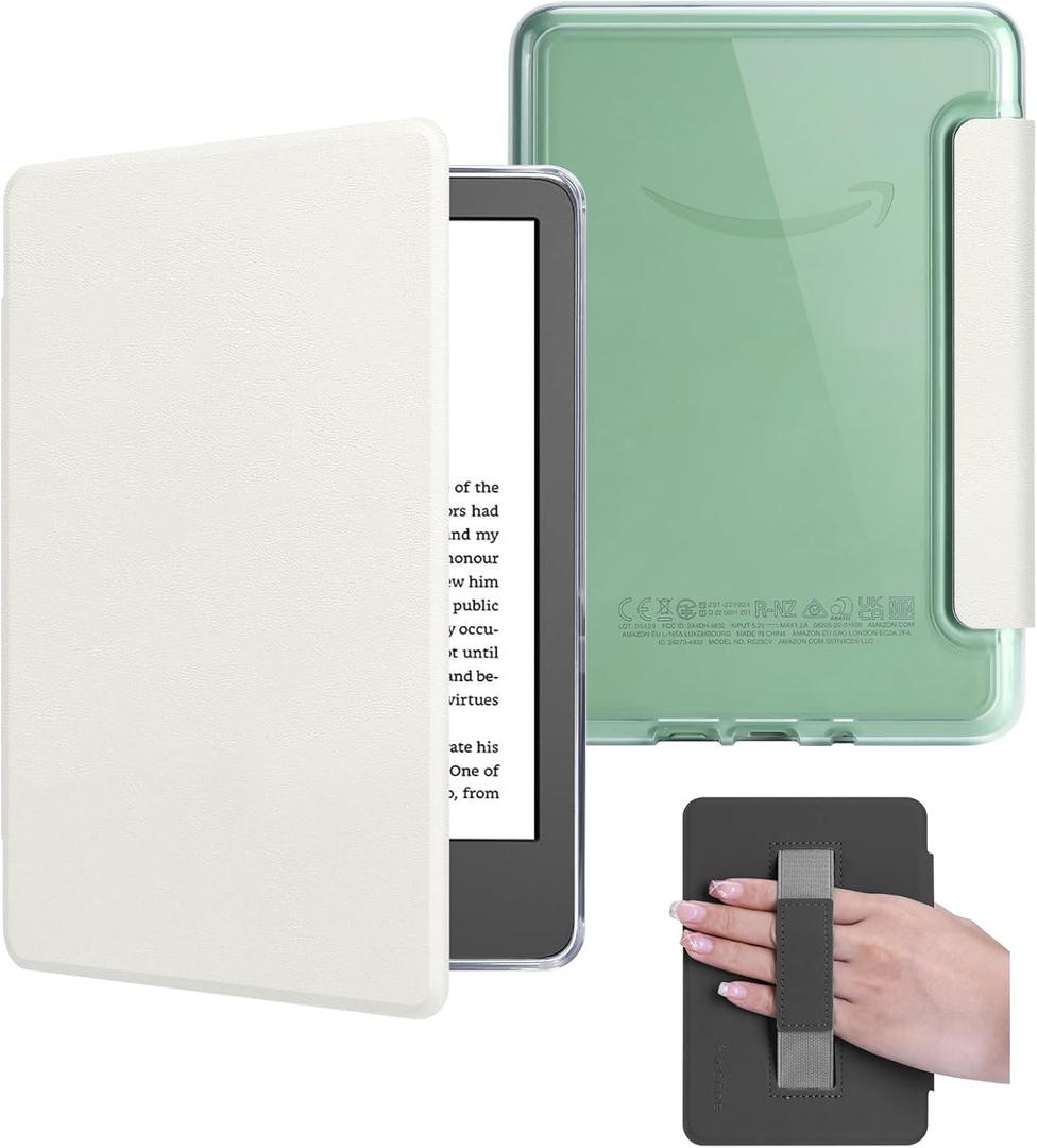 Case for 6" Kindle 2024/2022 Release (11 Generation), Light PU Leather Cover and Transparent Hard Back Shell with Hand Strap, Auto Sleep/Wake, Creamy White