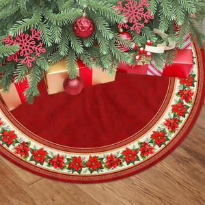 Red Poinsettia Christmas Tree Skirt 36 Inch Xmas Poinsettia Flowers Tree Skirt Winter Red Floral Christmas Tree Mat for Xmas Farmhouse Home Party Holiday Indoor Outdoor Decorations