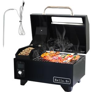 Portable Wood Pellet Grills 900FSmoker with Viewing Window  8-in-1 BBQ, Digital Control, LED Screen, Temperature Control, Meat ProbeBake and Roast, Ideal for Camping, RV, Beach Backyard (007, Black)