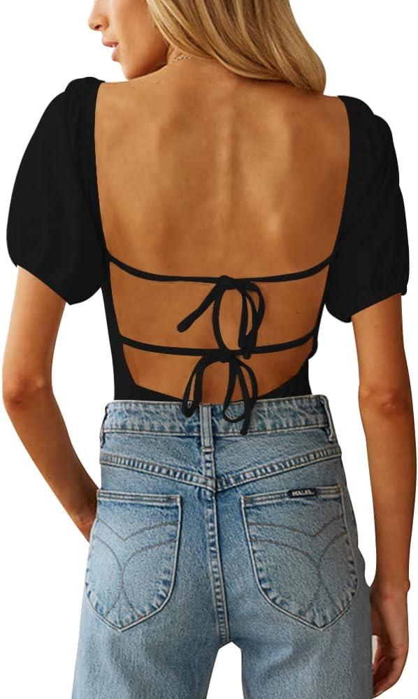 oten Women's Sexy Backless Puff Sleeve Square Neck Tie Back Bodysuit Tops (01-black), S
